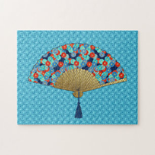 Art Deco Fan in einer Blume Muster, Türkis & Rot Puzzle