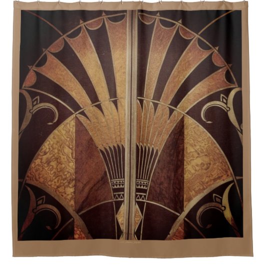 ART DECO FAN INLAID WOODWORK BROWN DUSCHVORHANG (Vorderseite)