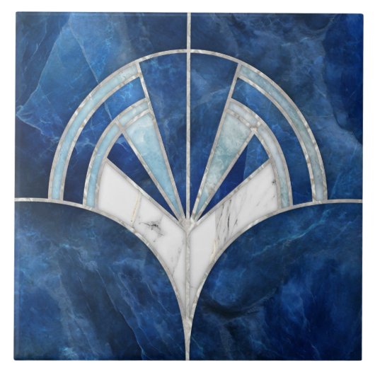 Art Deco Fan Muschel - Blauer und weißer Marmor Fliese (Vorderseite)