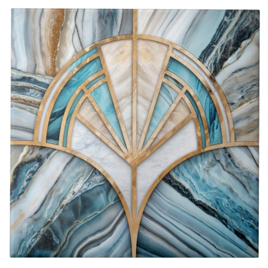 Art Deco Fan Muschel - Travertin und blauer Marmor Fliese (Vorderseite)