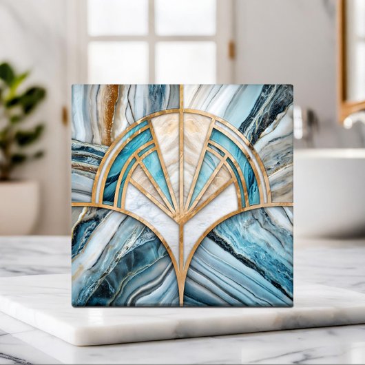Art Deco Fan Muschel - Travertin und blauer Marmor Fliese