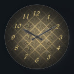 Art Deco Fan Muster Große Wanduhr<br><div class="desc">Art Deco Lüftermuster mit Goldzahlen.</div>