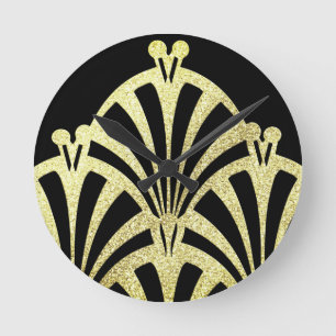 Art deco fan pattern black gold elegant vintage runde wanduhr