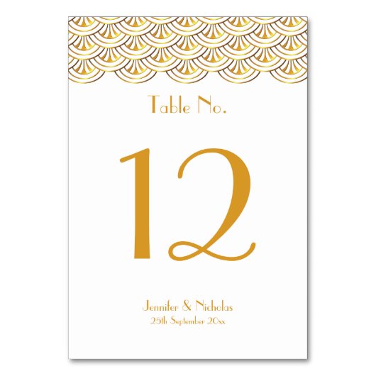 Art Deco Fans White & Gold Wedding Tischnummer (Vorderseite)