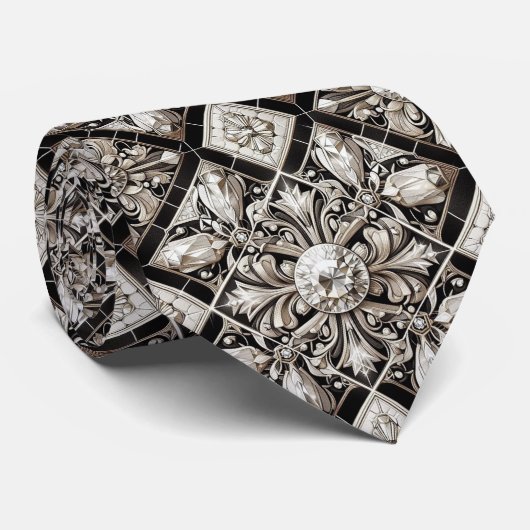 Art Deco Faux Seide | Luxus B+W Diamanten Krawatte (Gerollt)