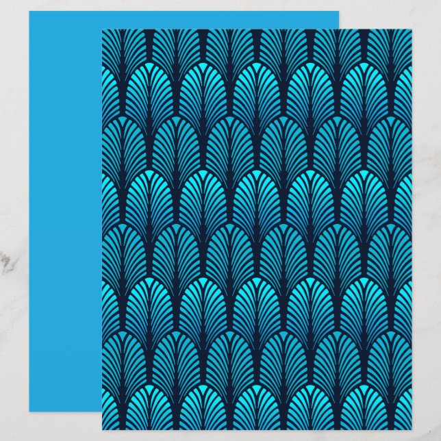 Art Deco Feather Pattern, Cerulean Blue (Vorne/Hinten)