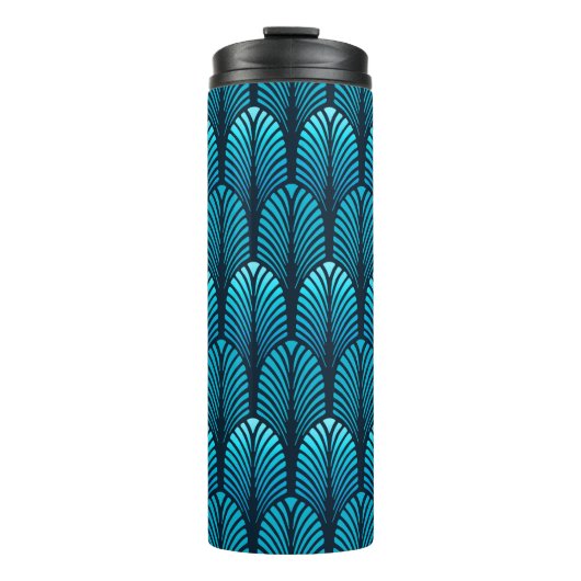 Art Deco Feather Pattern, Cerulean Blue Thermosbecher (Vorderseite)
