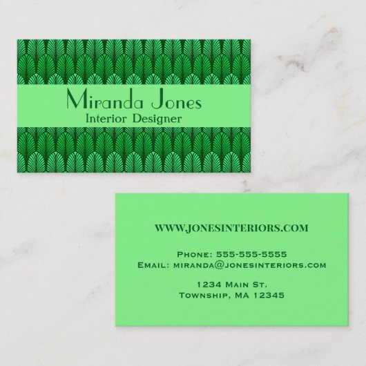Art Deco Feather Pattern, Emerald Green Business Visitenkarte (Vorne/Hinten)
