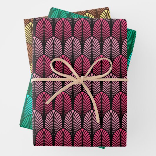 Art Deco Feather Pattern, Fuchsia, Aqua & Brown Geschenkpapier Set (Beispiel)