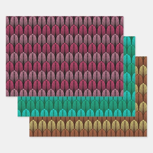 Art Deco Feather Pattern, Fuchsia, Aqua & Brown Geschenkpapier Set (Set)