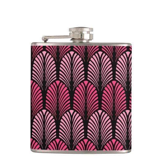 Art Deco Feather Pattern, Fuchsia Pink und Black Flachmann (Vorderseite)