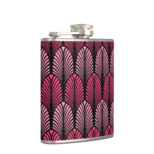 Art Deco Feather Pattern, Fuchsia Pink und Black Flachmann (Rechts)