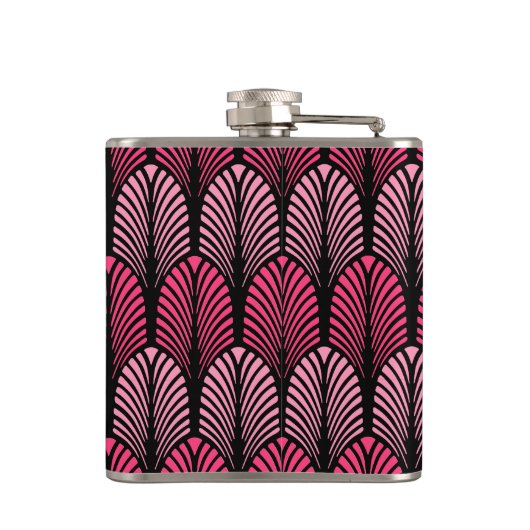 Art Deco Feather Pattern, Fuchsia Pink und Black Flachmann (Rückseite)