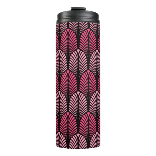 Art Deco Feather Pattern, Fuchsia Pink und Black Thermosbecher (Vorderseite)
