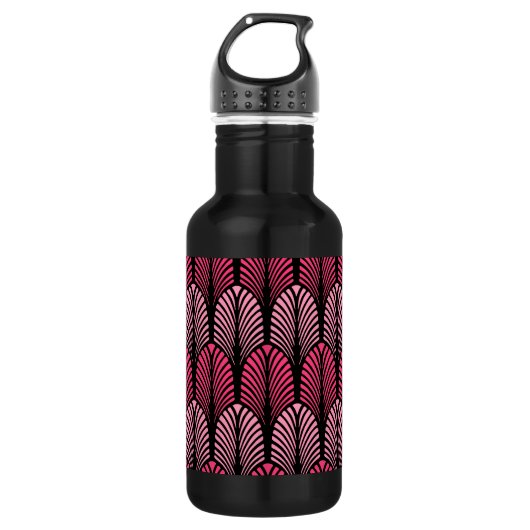 Art Deco Feather Pattern, Fuchsia Pink und Black Trinkflasche (Vorderseite)