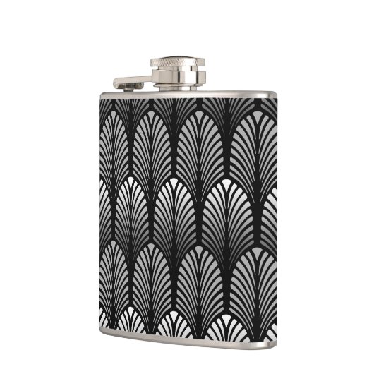 Art Deco Feather Pattern, Silver Grau und Black Flachmann (Links)