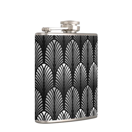 Art Deco Feather Pattern, Silver Grau und Black Flachmann (Rechts)