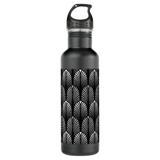 Art Deco Feather Pattern, Silver Grau und Black Trinkflasche (Vorderseite)