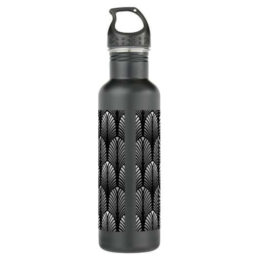 Art Deco Feather Pattern, Silver Grau und Black Trinkflasche (Rückseite)