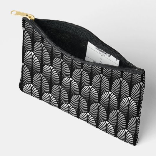 Art Deco Feather Pattern, Silver Grau und Black Zubehörtasche (Offen)