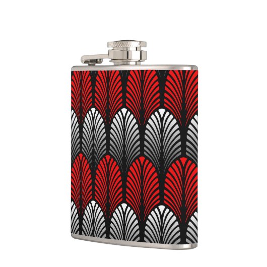 Art Deco Feather Pattern, Silver Grau und Rot Flachmann (Links)