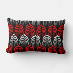 Art Deco Feather Pattern, Silver Grau und Rot Lendenkissen