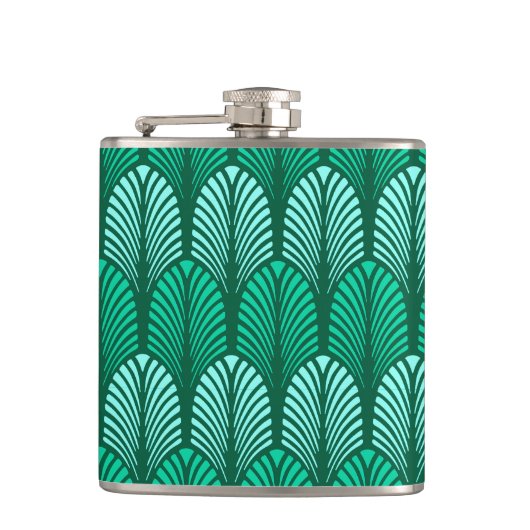 Art Deco Feather Pattern, Türkis und Aqua Flachmann (Vorderseite)