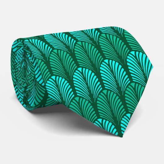 Art Deco Feather Pattern, Türkis und Aqua Krawatte (Gerollt)