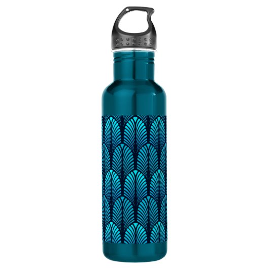 Art Deco Feather Pattern, Türkis und Marine Trinkflasche (Vorderseite)