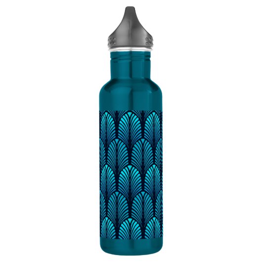 Art Deco Feather Pattern, Türkis und Marine Trinkflasche (Links)