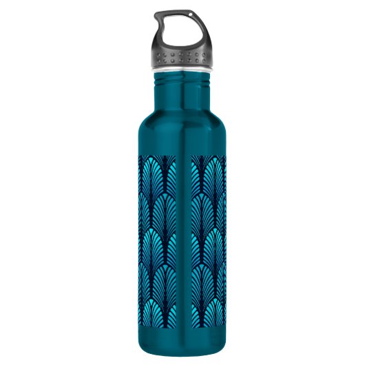 Art Deco Feather Pattern, Türkis und Marine Trinkflasche (Rückseite)