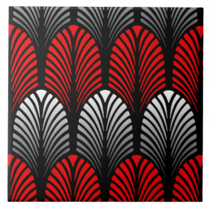 Art Deco-Feder-Muster, Silbergrau und Rot Fliese