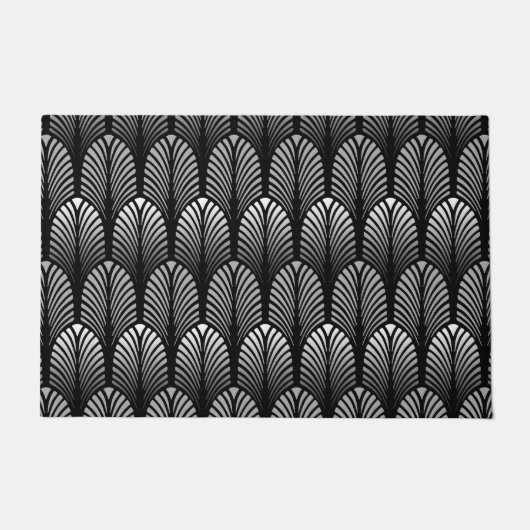 Art Deco-Feder-Muster, Silbergrau und Schwarz Fußmatte (Vorderseite)