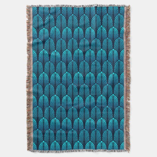 Art Deco Feder Muster, Türkis und Navy Decke (Vorderseite Vertikal)
