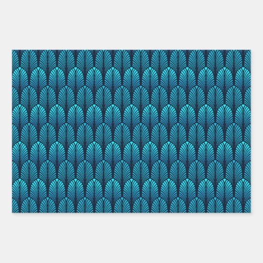 Art Deco Federmuster, Blau, Kupfer, Zinn Geschenkpapier Set (Vorderseite)