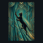 Art Deco Fensterbank Schwarze Katze Wandkunst Poster<br><div class="desc">Eine nachdenkliche schwarze Katzensilhouette sitzt auf einer geometrischen blaugrünen Fensterbank und blickt hinaus,  eingerahmt von stilisierten goldenen Vorhangfalten und orangen Sonnenuntergangsstrahlen. Diese elegante Szene aus den 1920er Jahren bringt friedliche Raffinesse in Schlafzimmer,  Flure und Wohnräume.</div>