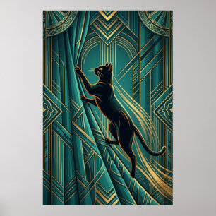 Art Deco Fensterbank Schwarze Katze Wandkunst Poster