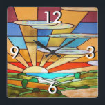 Art Deco Festglas 1 Quadratische Wanduhr<br><div class="desc">10.75" x 10.75" Acrylwandtüte mit einem Art Deco Buntglasbild einer Landschaft. Sehen Sie die gesamte Roaring 20s Clock-Auflistung im DECOR| Kontrollabschnitt.</div>