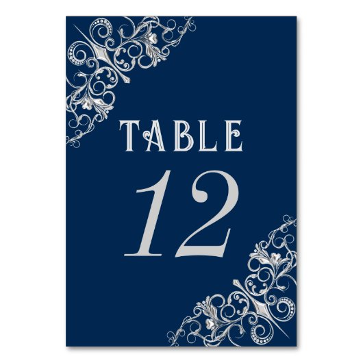 Art Deco Filigree | Navy Blue and Silver Gray Tischnummer (Vorderseite)