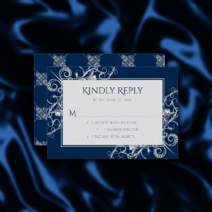 Art Deco Filigree Silver and Navy Blue Decadance RSVP Karte