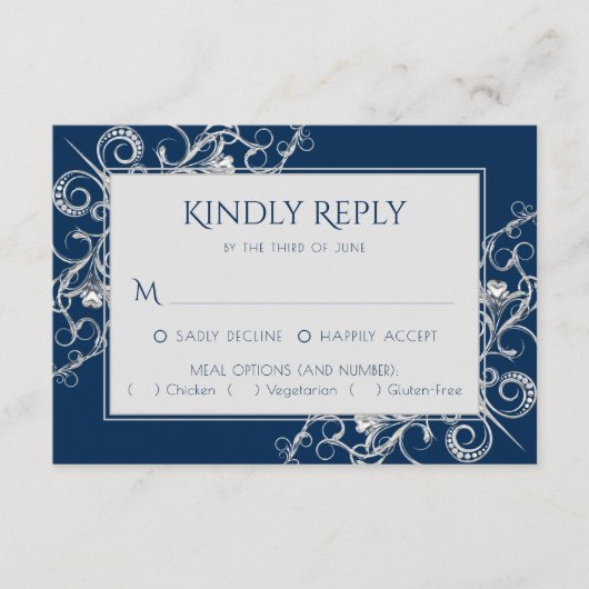 Art Deco Filigree | Silver and Navy Blue Decadance RSVP Karte (Vorderseite)