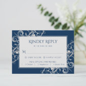 Art Deco Filigree | Silver and Navy Blue Decadance RSVP Karte (Stehend Vorderseite)