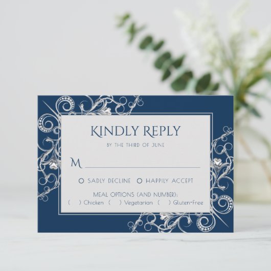 Art Deco Filigree | Silver and Navy Blue Decadance RSVP Karte (Stehend Vorderseite)