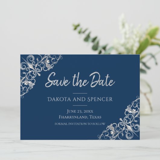 Art Deco Filigree | Silver Gray and Navy Blue Save The Date (Stehend Vorderseite)