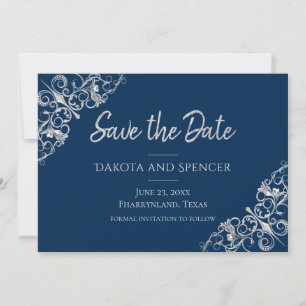 Art Deco Filigree   Silver Gray and Navy Blue Save The Date