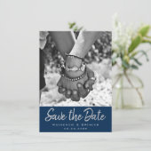 Art Deco Filigree | Silver Gray on Navy Blue Foto Save The Date (Stehend Vorderseite)