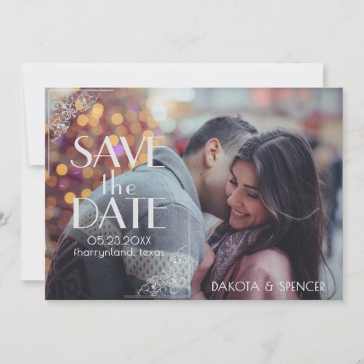 Art Deco Filigree | Silver Gray on Navy Blue Foto Save The Date (Vorderseite)