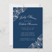 Art Deco Filigree | Silver Navy Blue Baby Dusche Einladung (Vorderseite)