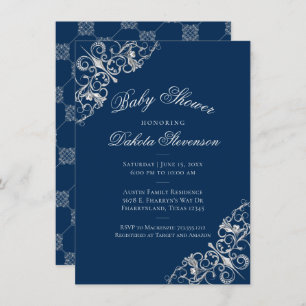 Art Deco Filigree   Silver Navy Blue Baby Dusche Einladung