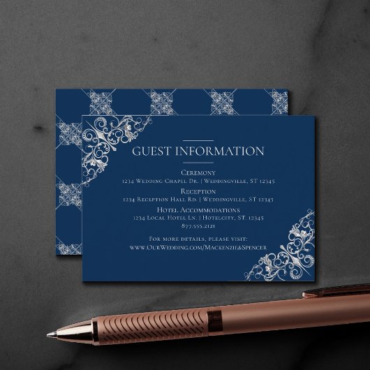 Art Deco Filigree | Silver Navy Blue Guest Details Begleitkarte